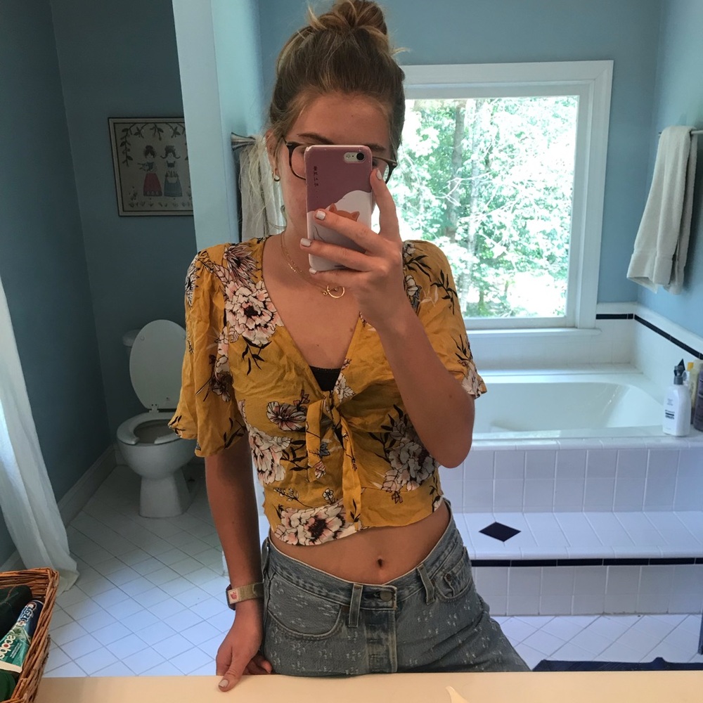 Socialite Yellow Floral Print Tie Top